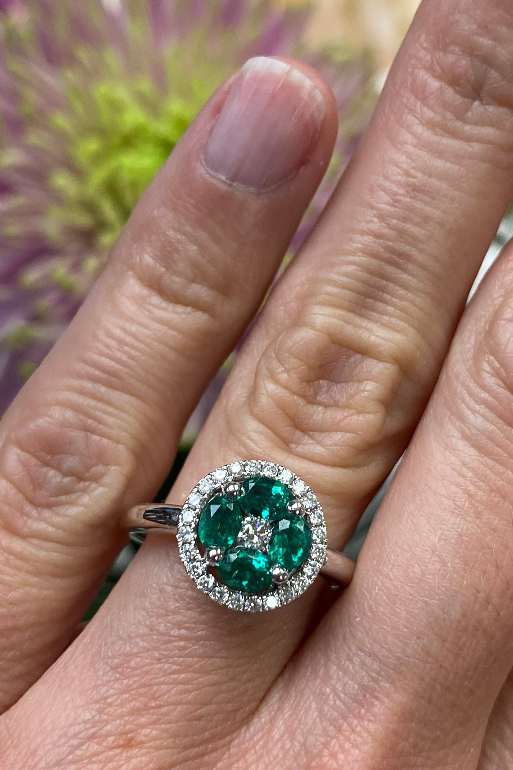 Emerald and Diamond Halo Ring