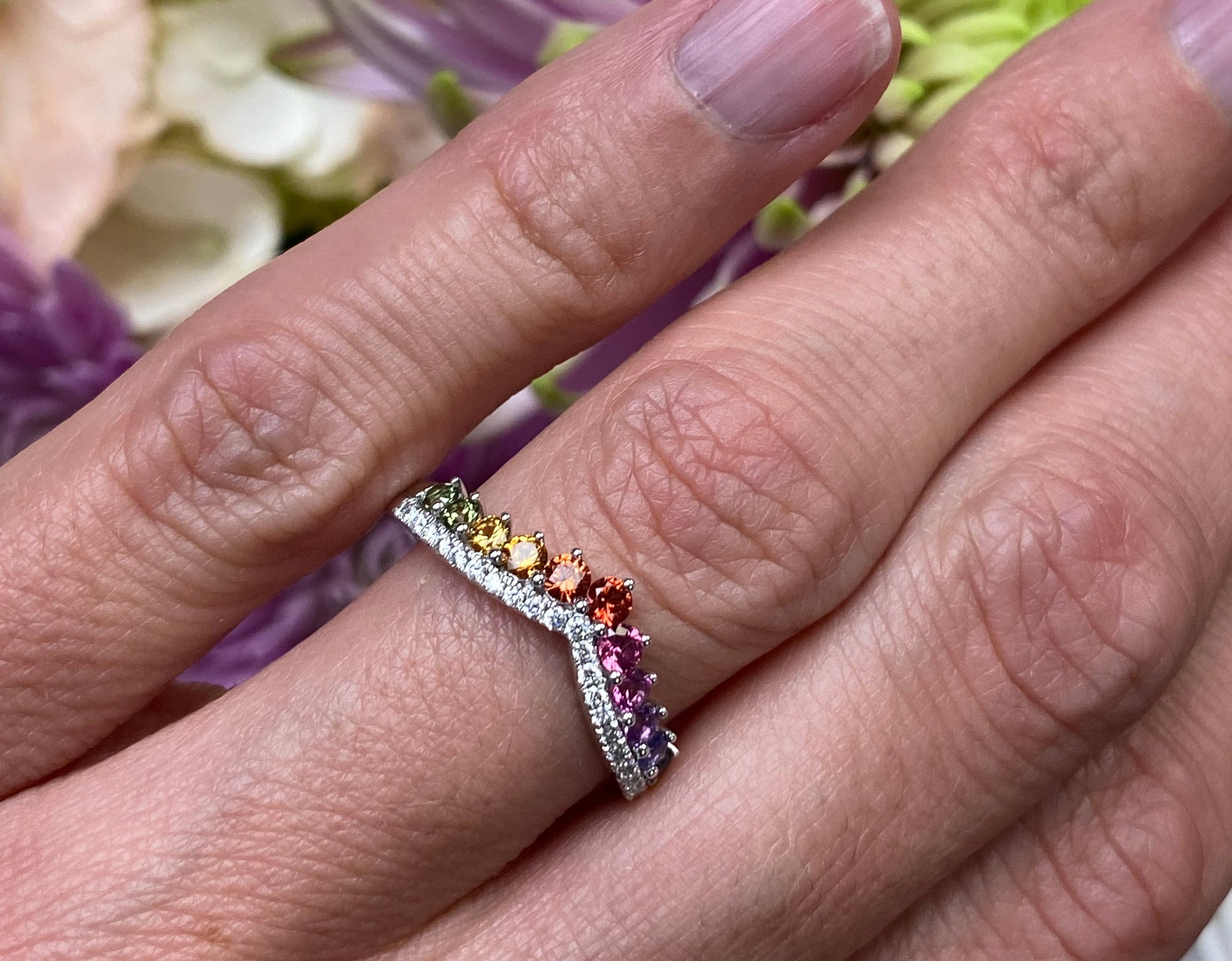 Rainbow Sapphire and Diamond V-Shaped Band