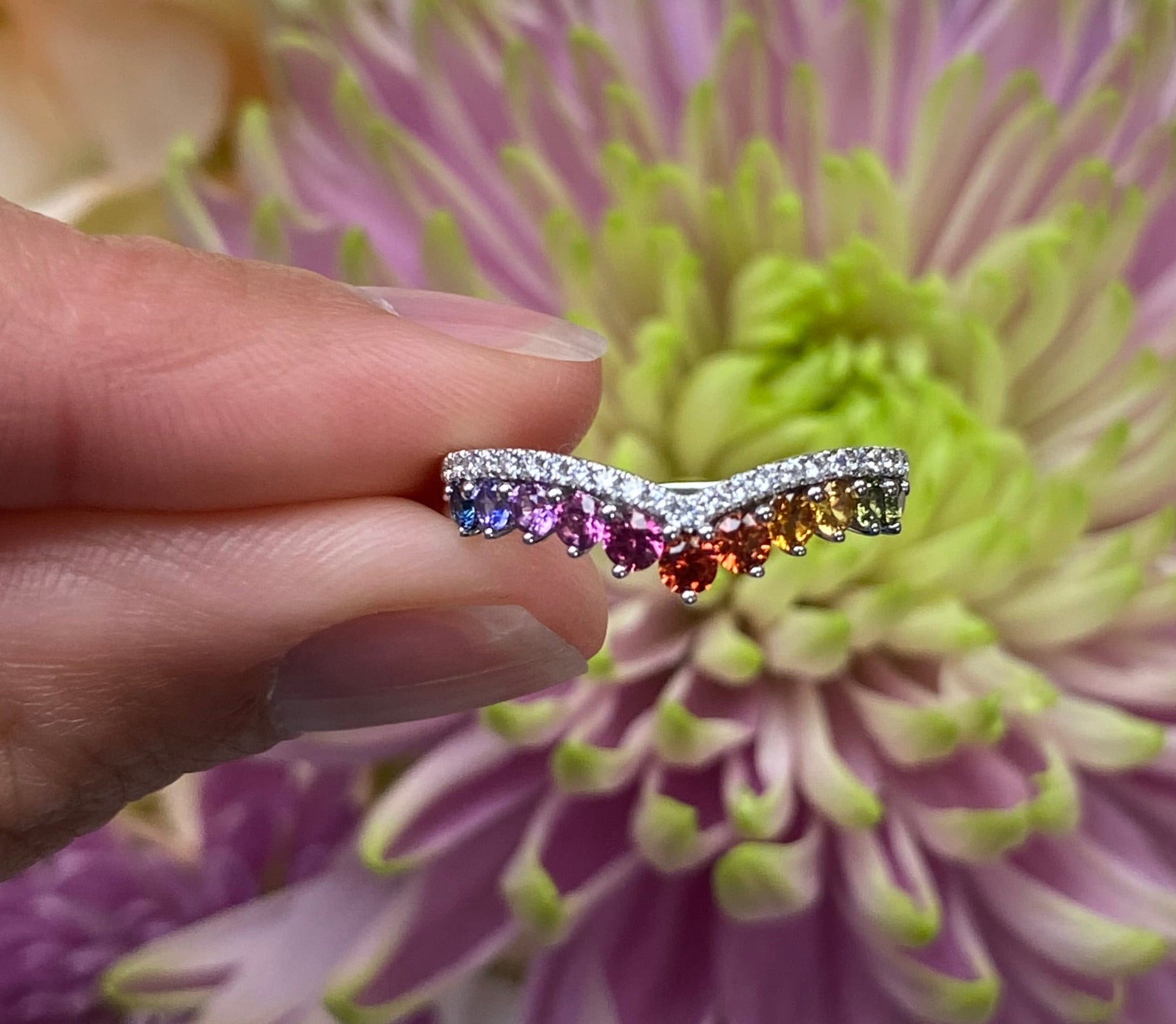 Rainbow Sapphire and Diamond V-Shaped Band
