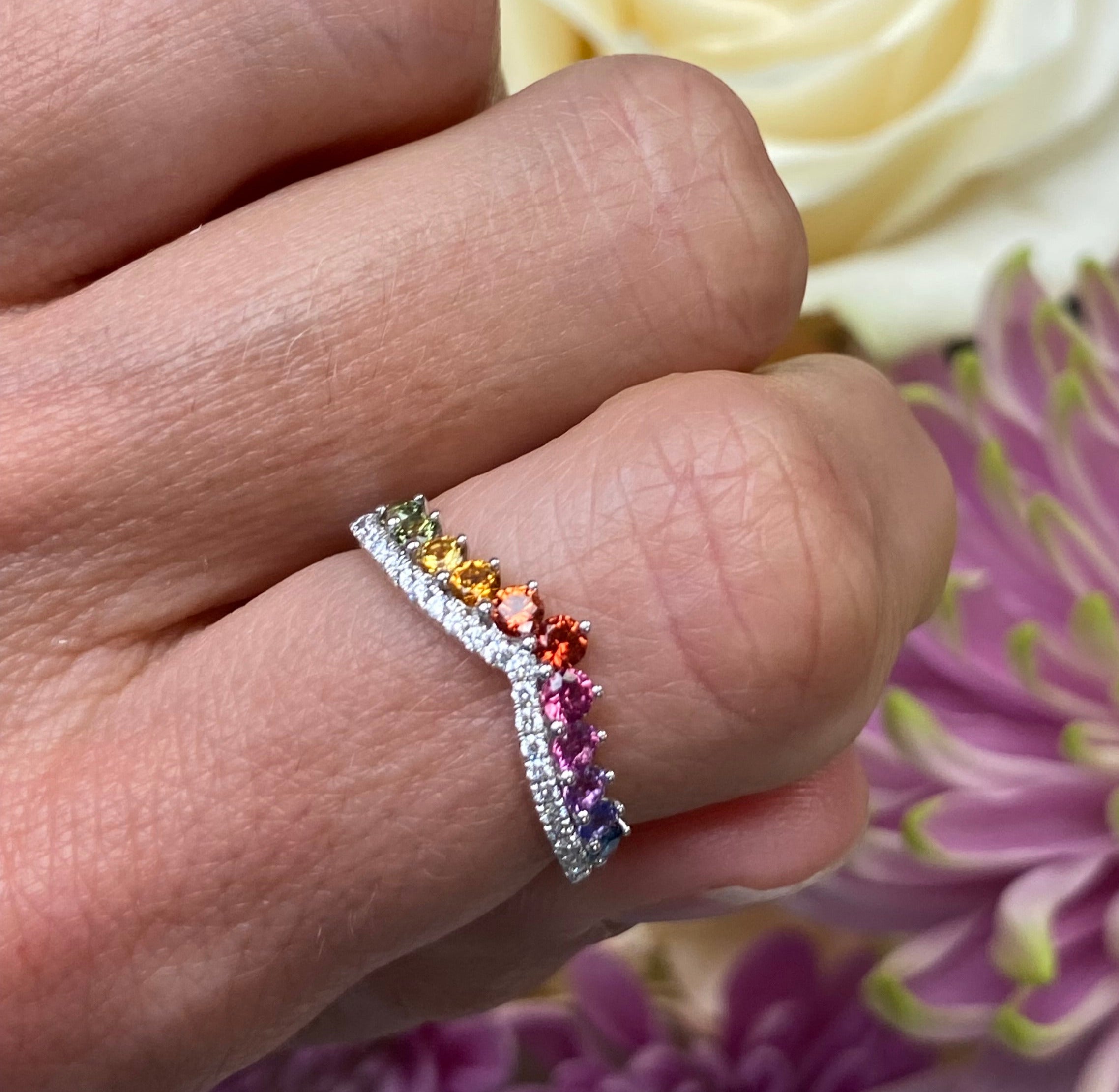 Rainbow Sapphire and Diamond V-Shaped Band