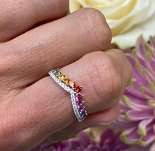 Load image into Gallery viewer, Rainbow Sapphire and Diamond V-Shaped Band
