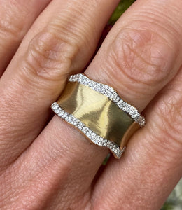 Wide Ruffle Diamond and Brush Yellow Gold Ring