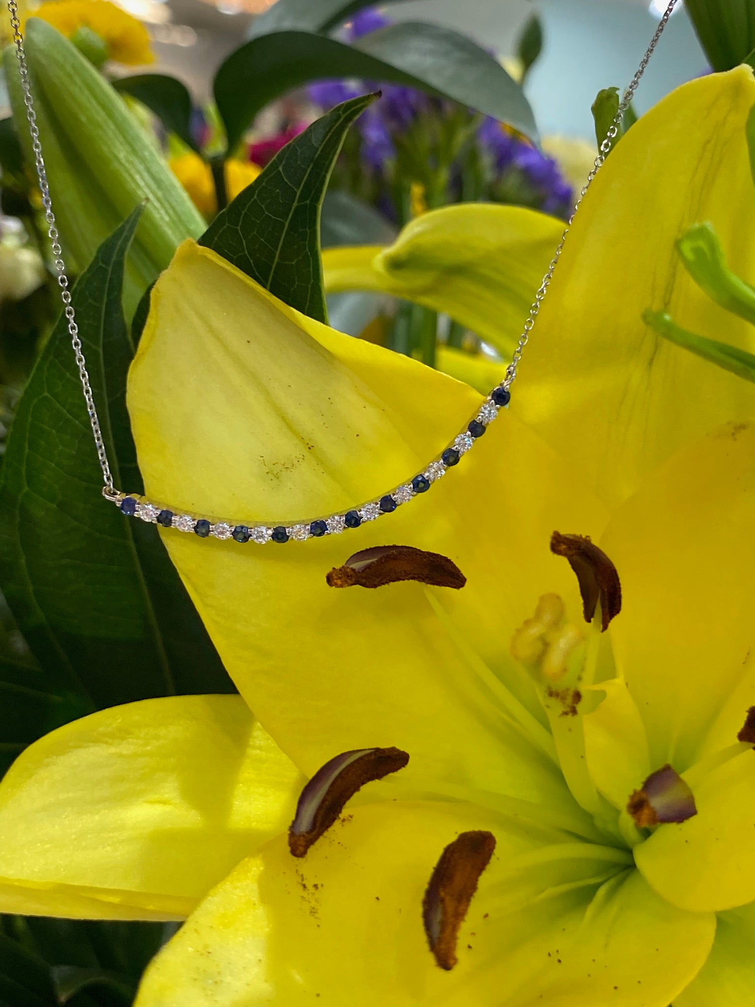 Luna Sapphire and Diamond Curved Bar Necklace