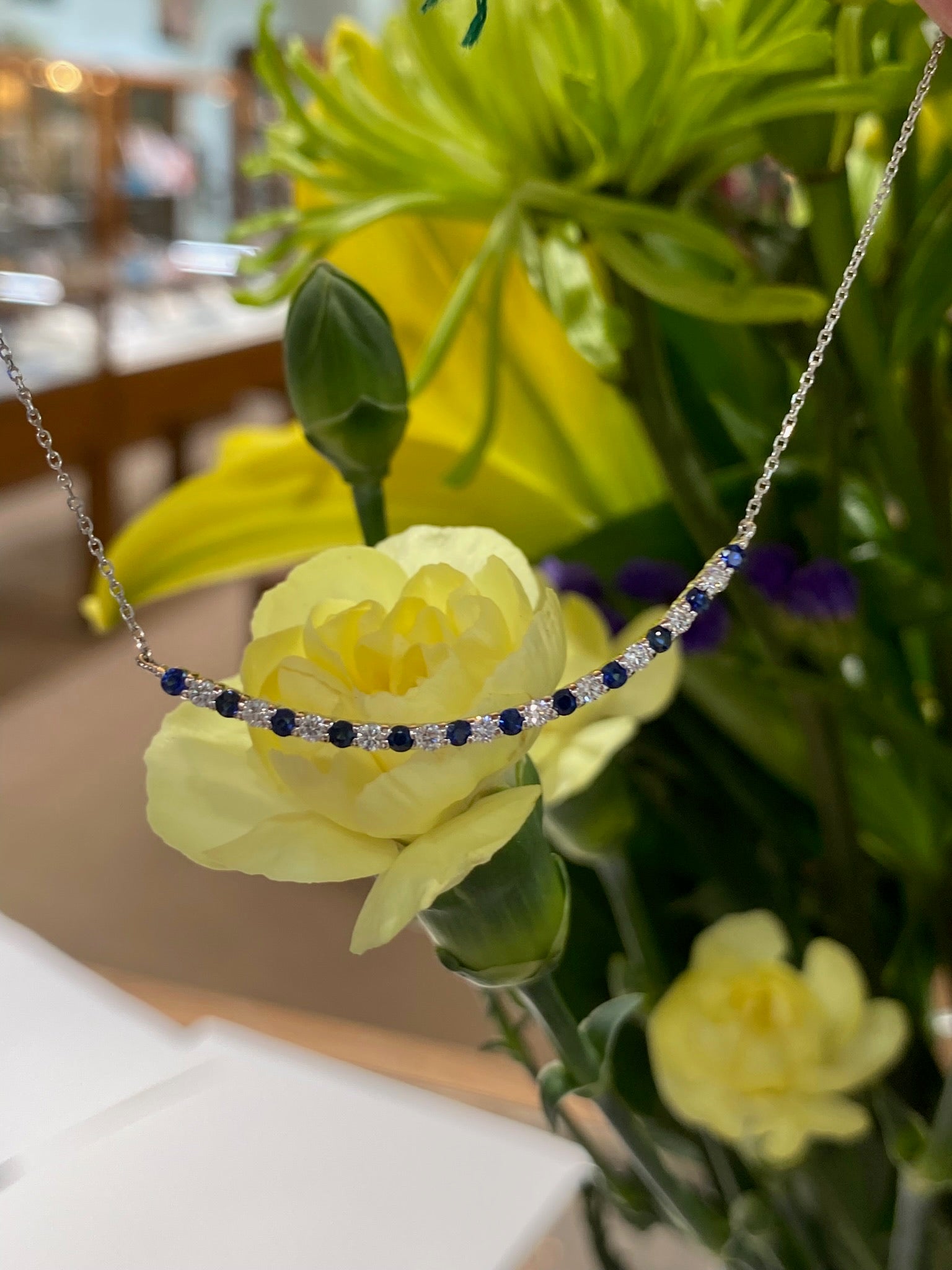 Luna Sapphire and Diamond Curved Bar Necklace