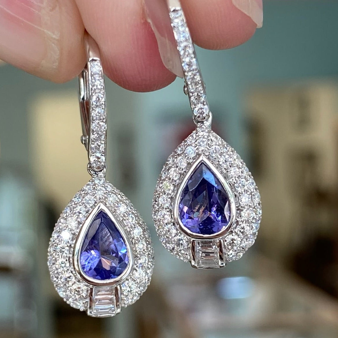 Tanzanite and Diamond Halo Tear Drop Earrings
