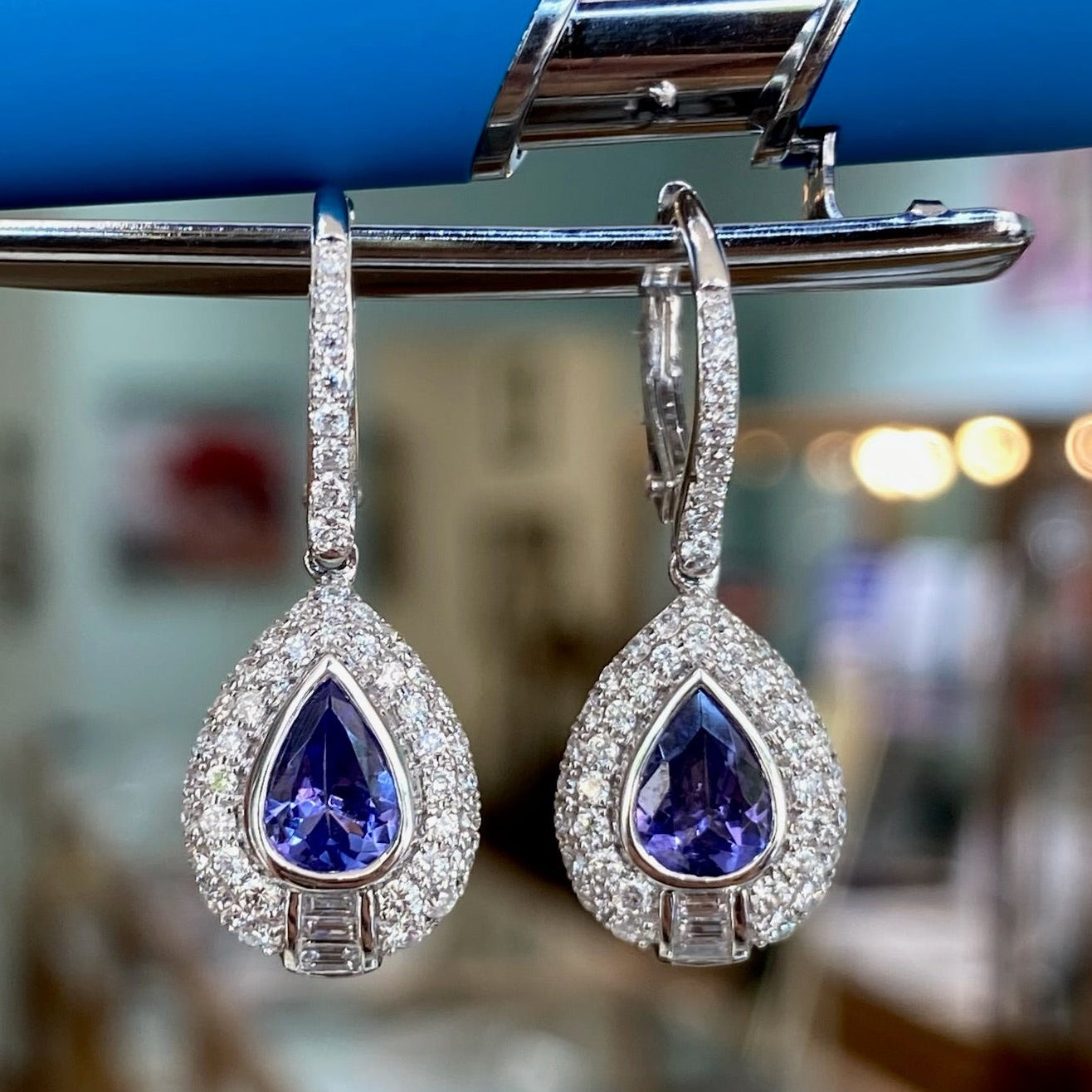 Tanzanite and Diamond Halo Tear Drop Earrings