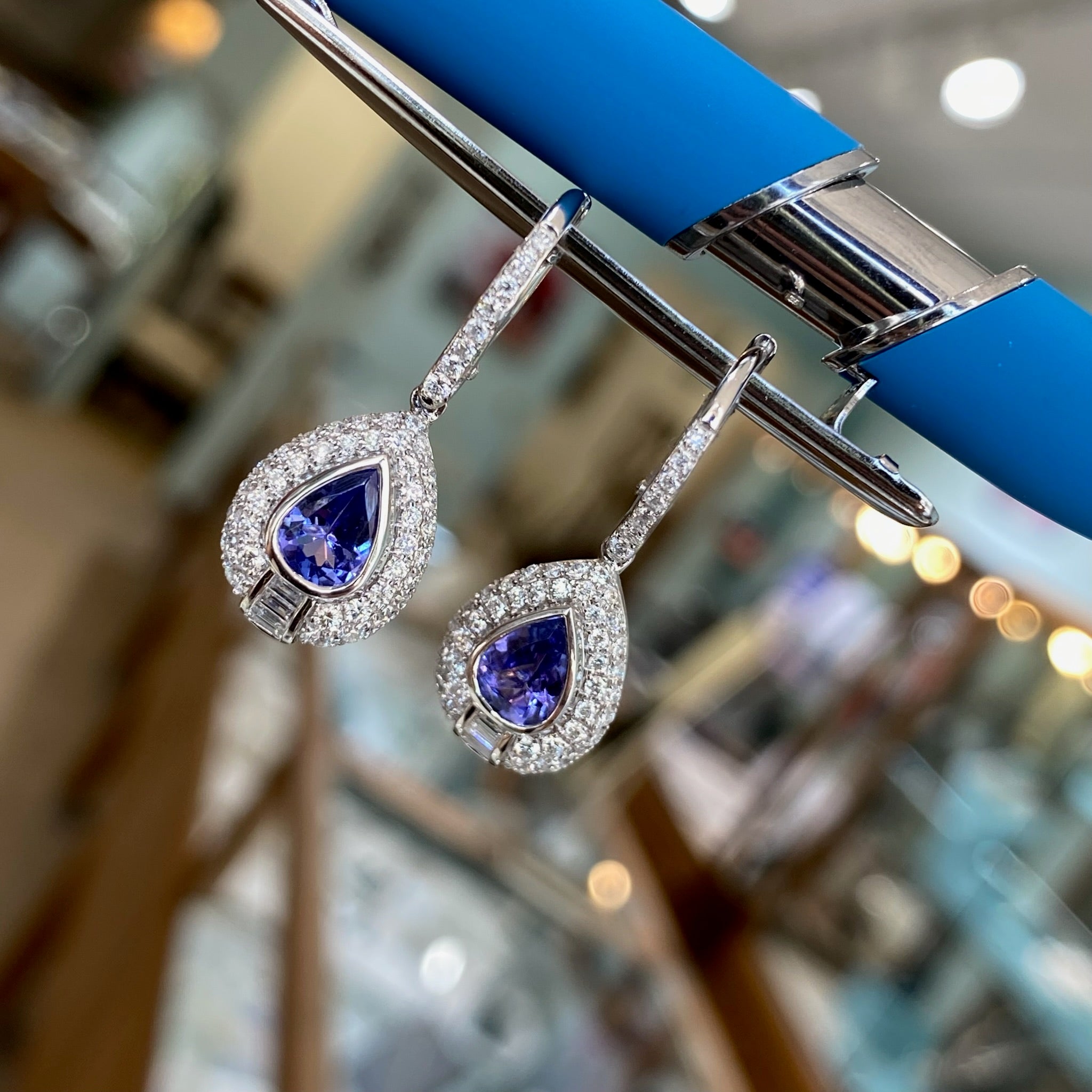 Tanzanite and Diamond Halo Tear Drop Earrings