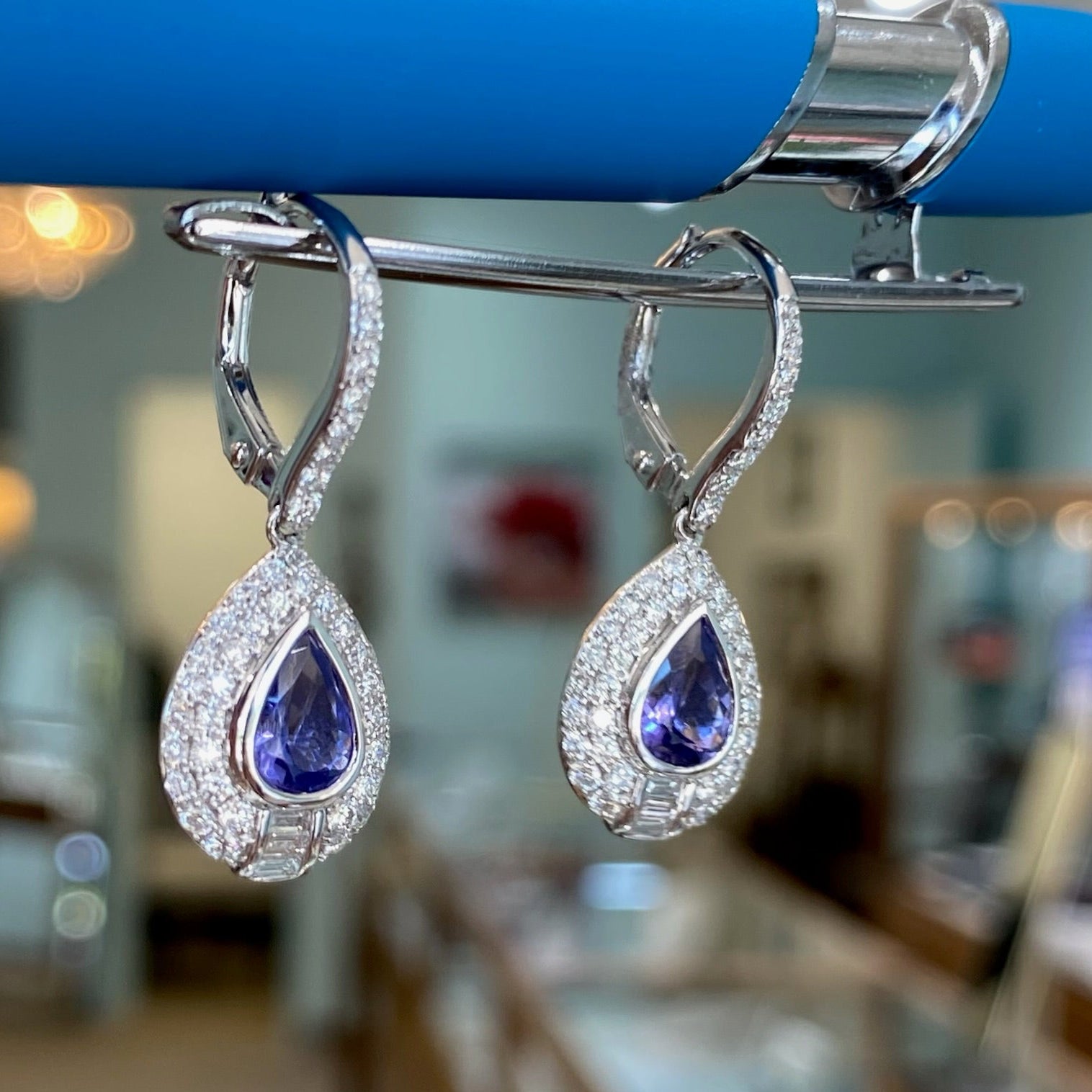 Tanzanite and Diamond Halo Tear Drop Earrings