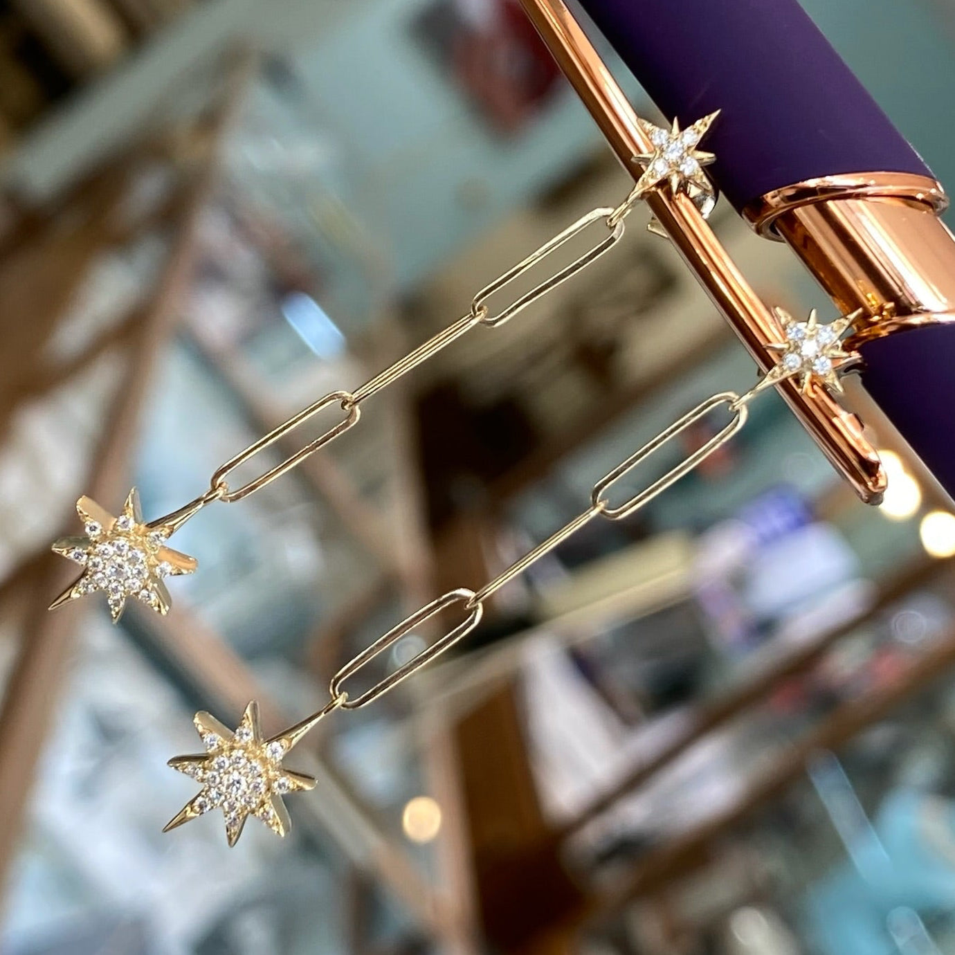 Double Star Yellow Gold Dangle Earrings