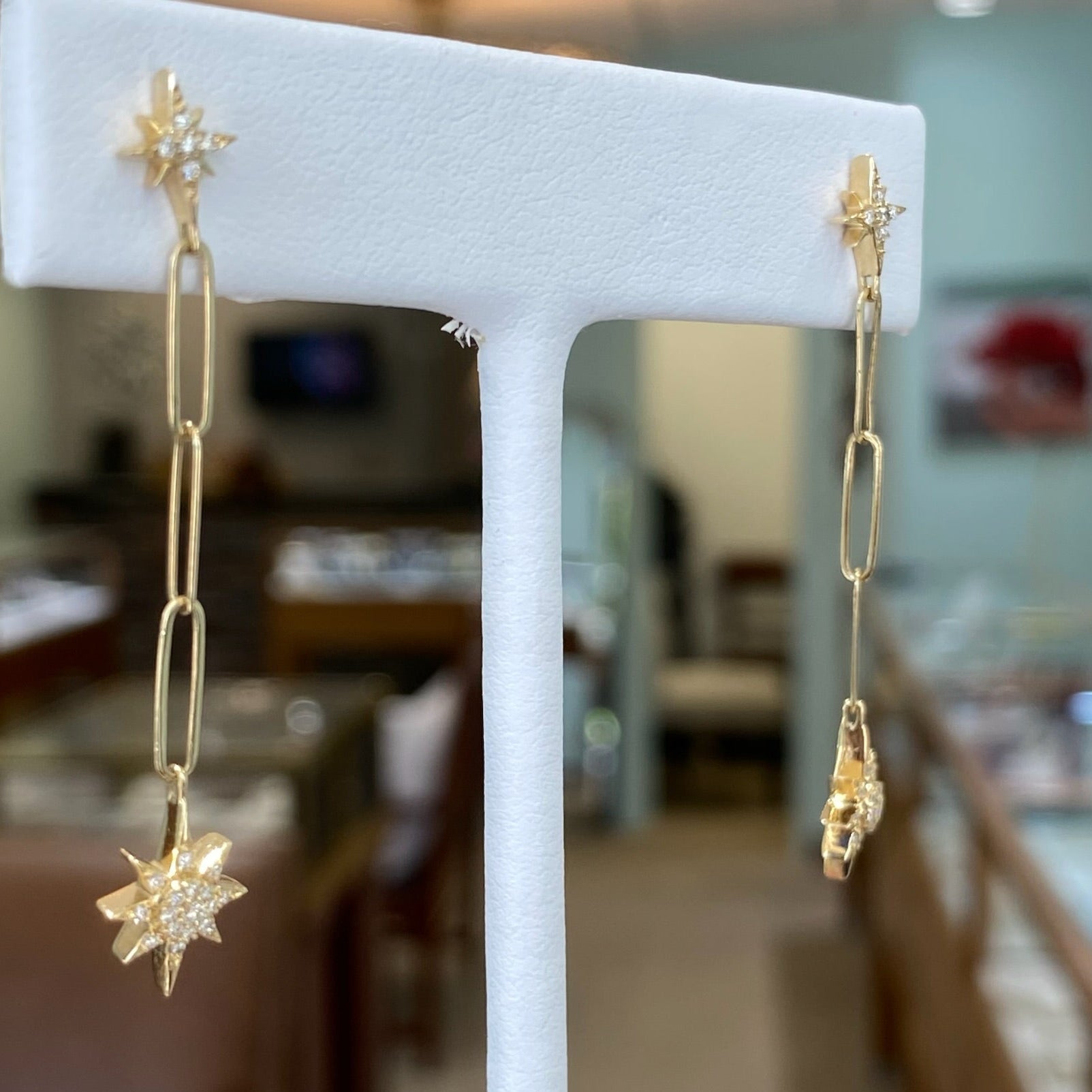 Double Star Yellow Gold Dangle Earrings