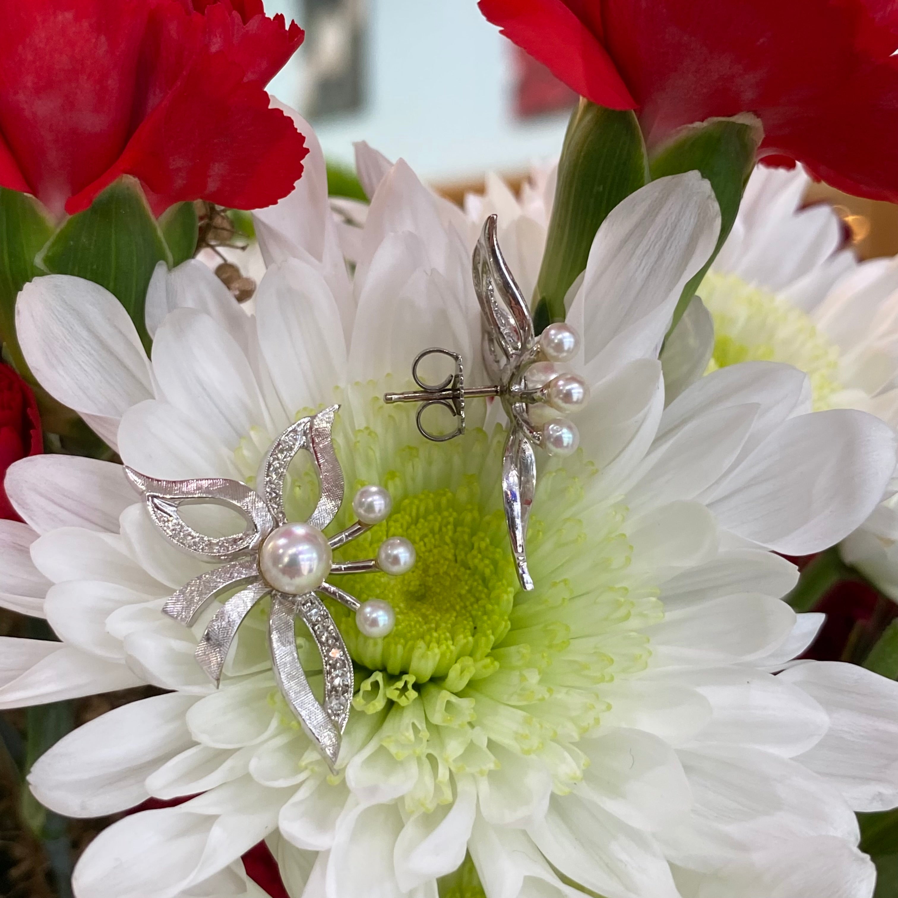 Vintage Floral Arrangement Pearl and Diamond Earrings