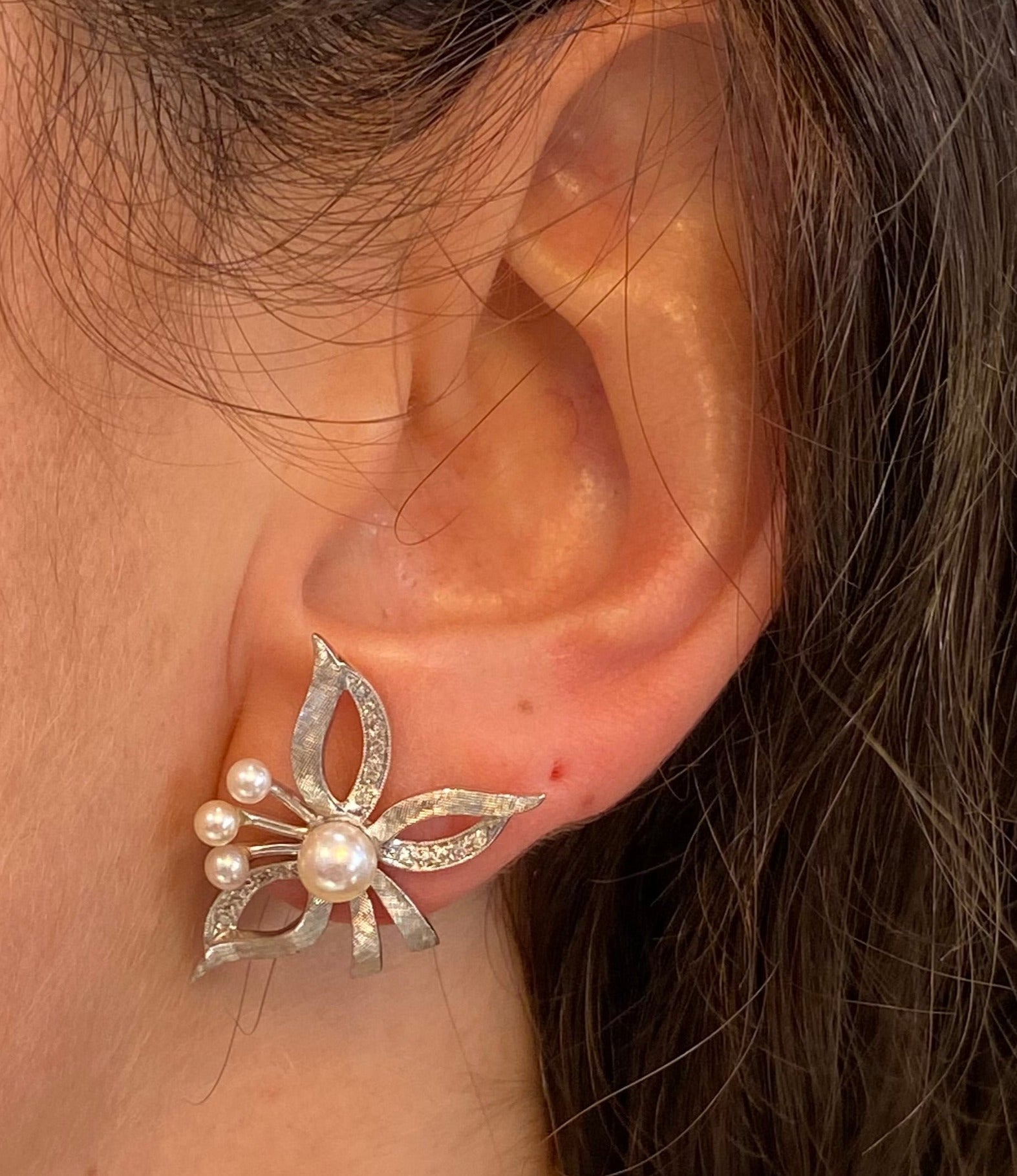 Vintage Floral Arrangement Pearl and Diamond Earrings