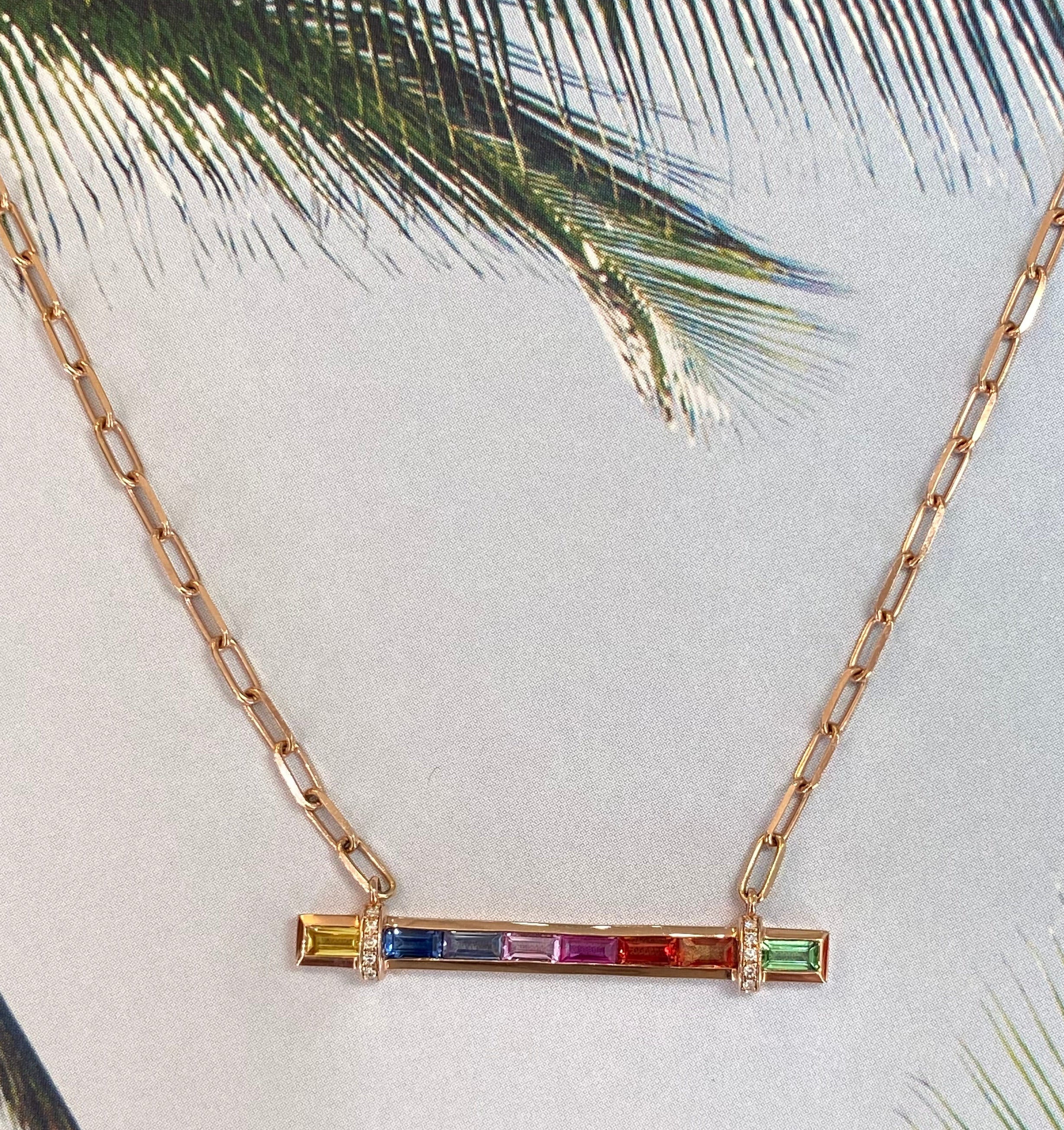 Rose Gold Rainbow Sapphire Bar Necklace