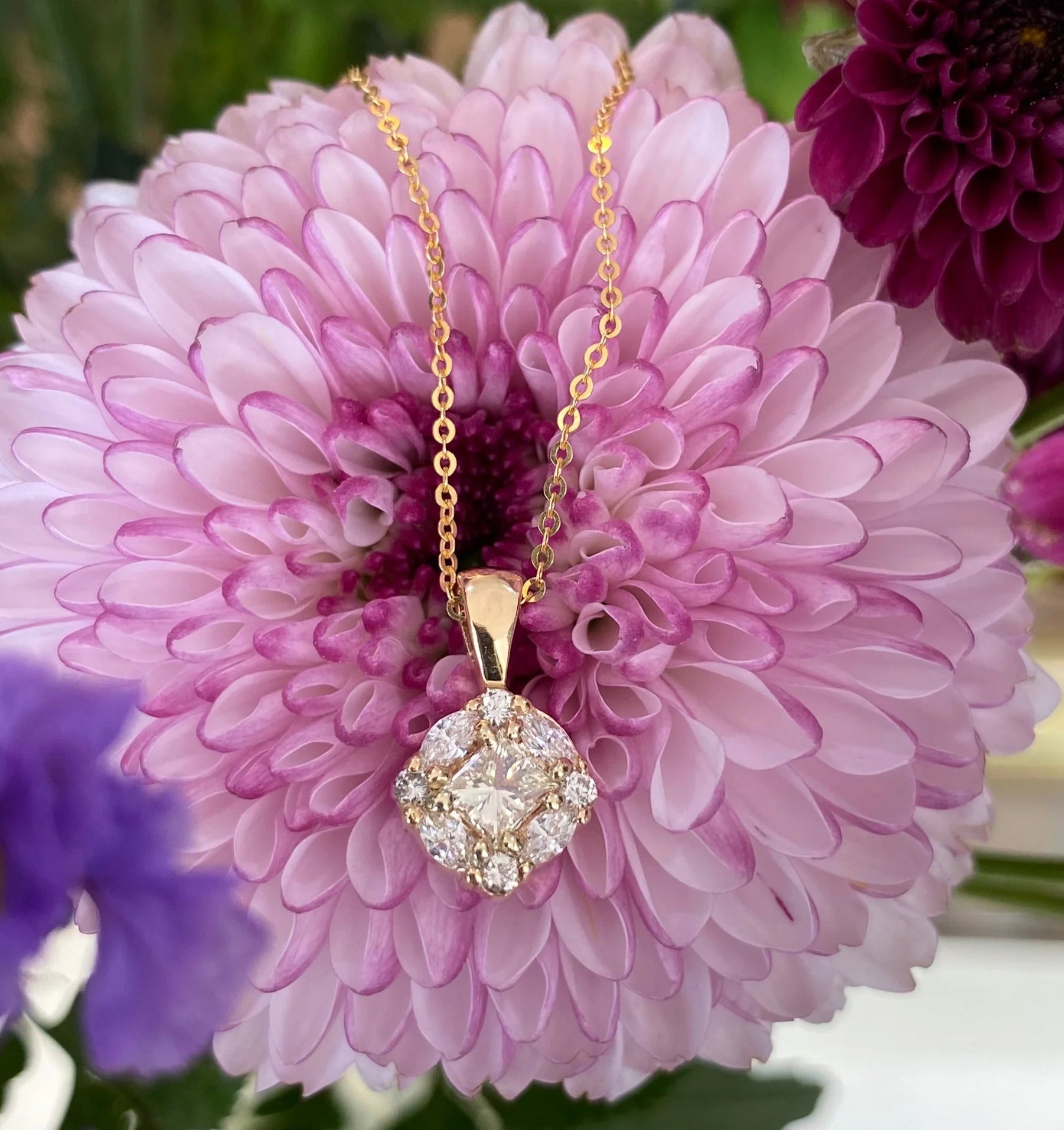 One-of-a-Kind Princess Cut Diamond Halo Pendant Necklace