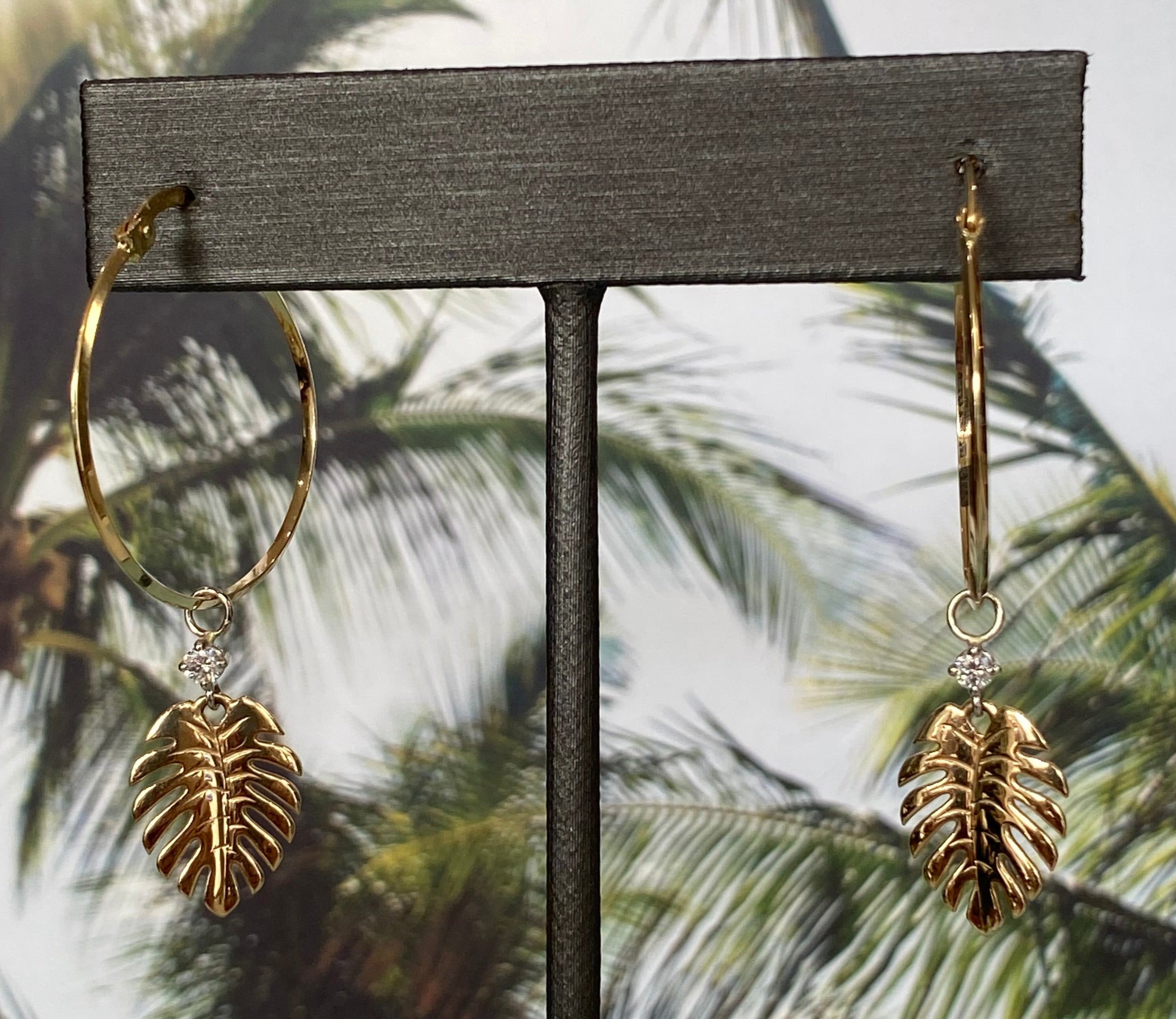 Yellow Gold Palm Tree Drop Hoop Earrings