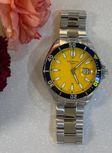 Load image into Gallery viewer, Yellow Dial Blue Accent Silver Toned Bracelet Diver&#39;s Watch
