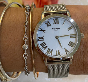 White Dial Gold Toned Mesh Bracelet Watch