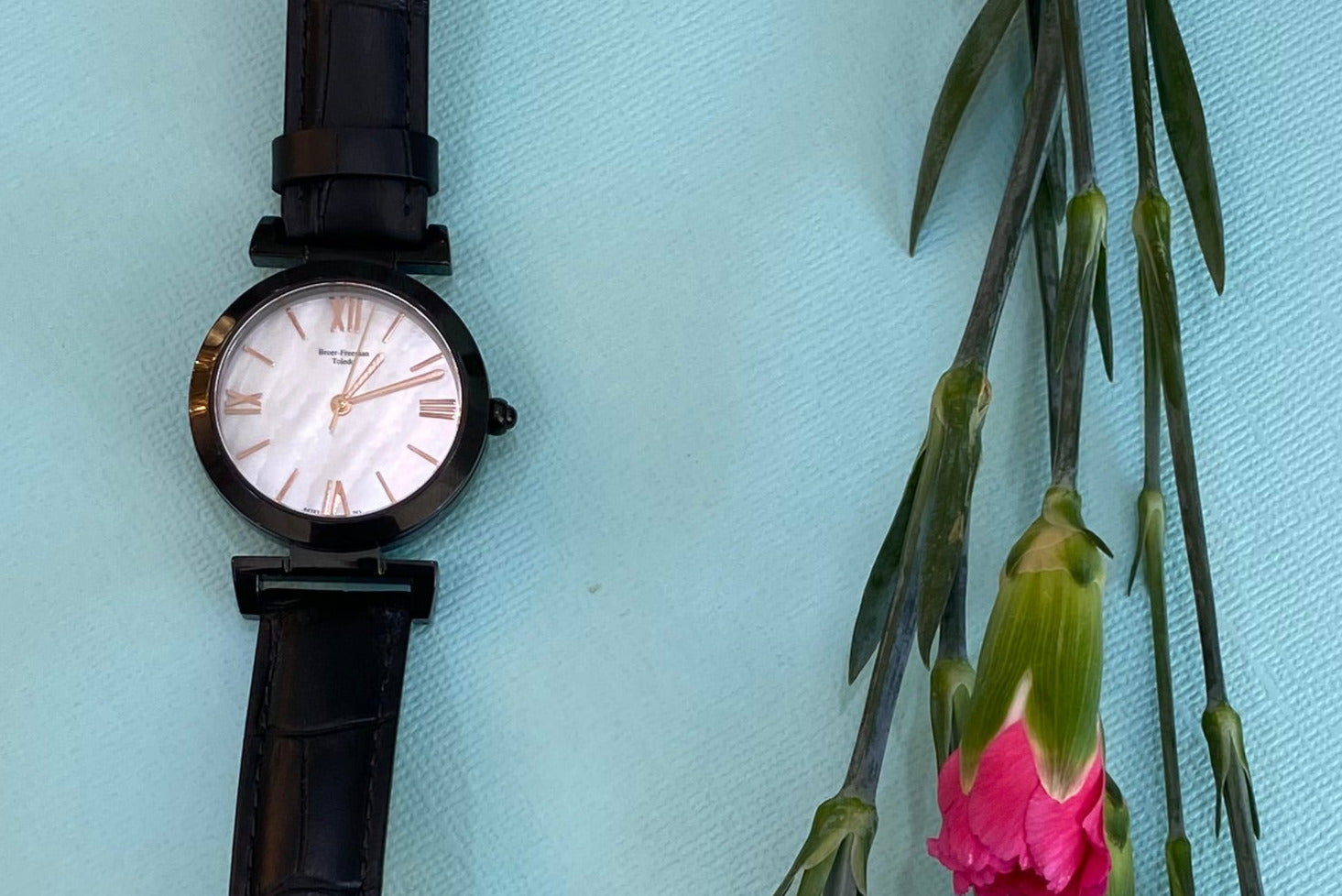 Mother of Pearl Black Leather Rose Gold Accent Watch