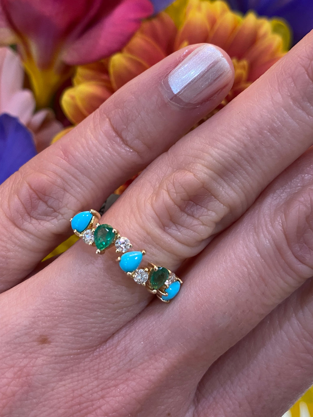 Turquoise Emerald and Diamond Line Ring
