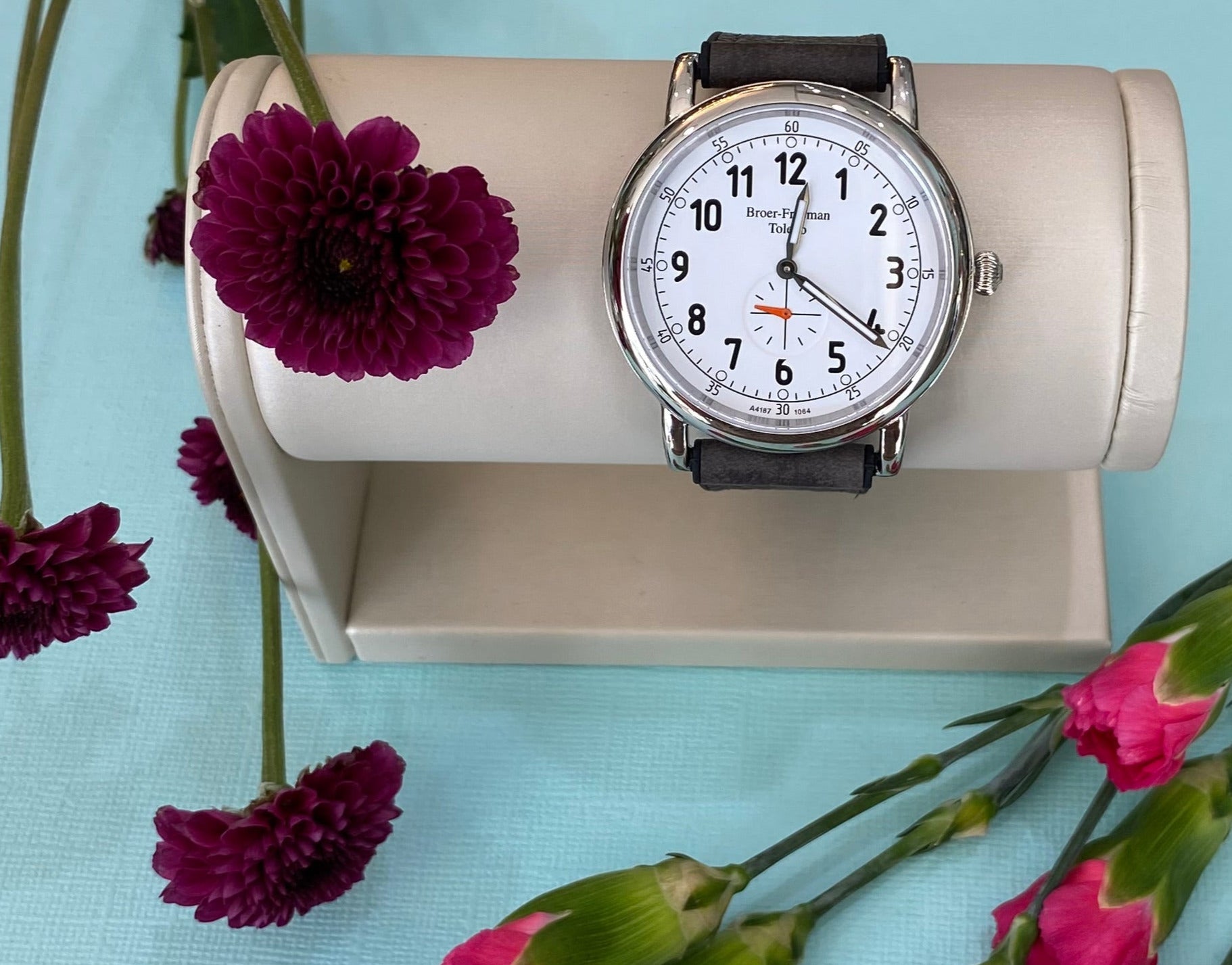 White Dial Grey Leather Stainless Steel Watch