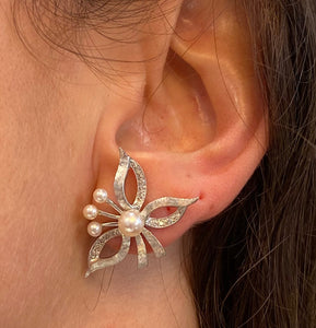 Vintage Floral Arrangement Pearl and Diamond Earrings