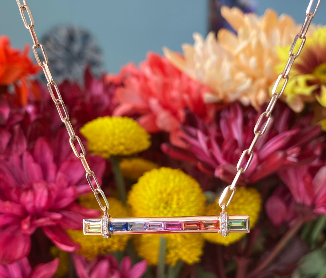 Rose Gold Rainbow Sapphire Bar Necklace