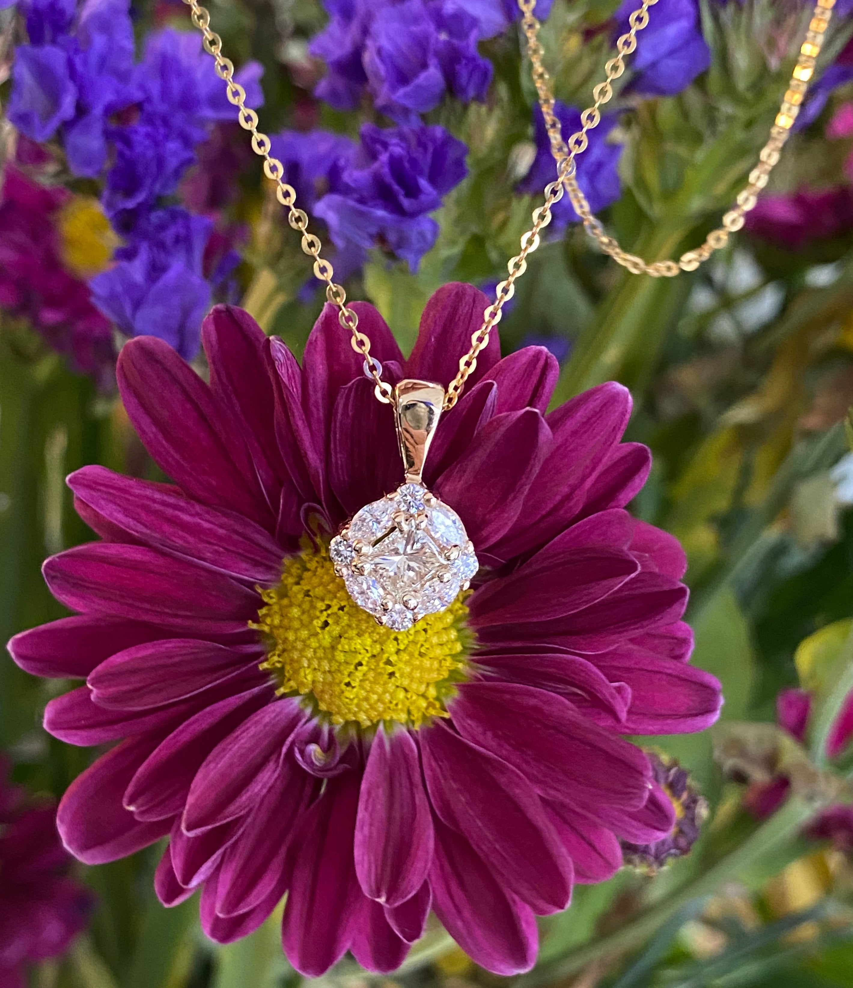 One-of-a-Kind Princess Cut Diamond Halo Pendant Necklace