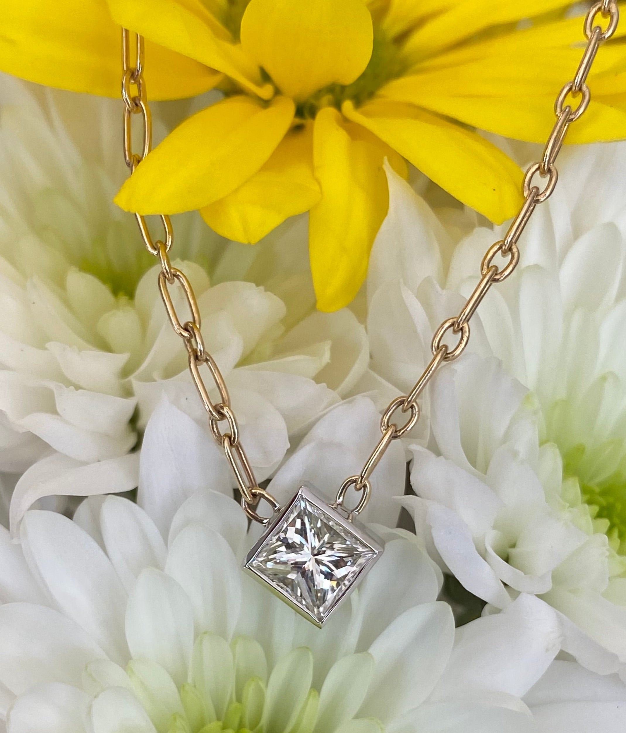 14K Gold Paper Clip Chain Princess Cut Diamond Necklace