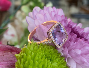 Rose Gold Pink Amethyst and Diamond Cocktail Ring