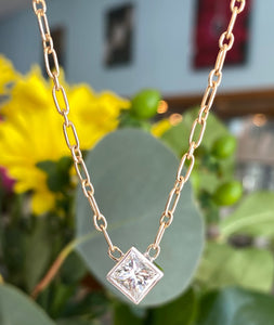 14K Gold Paper Clip Chain Princess Cut Diamond Necklace
