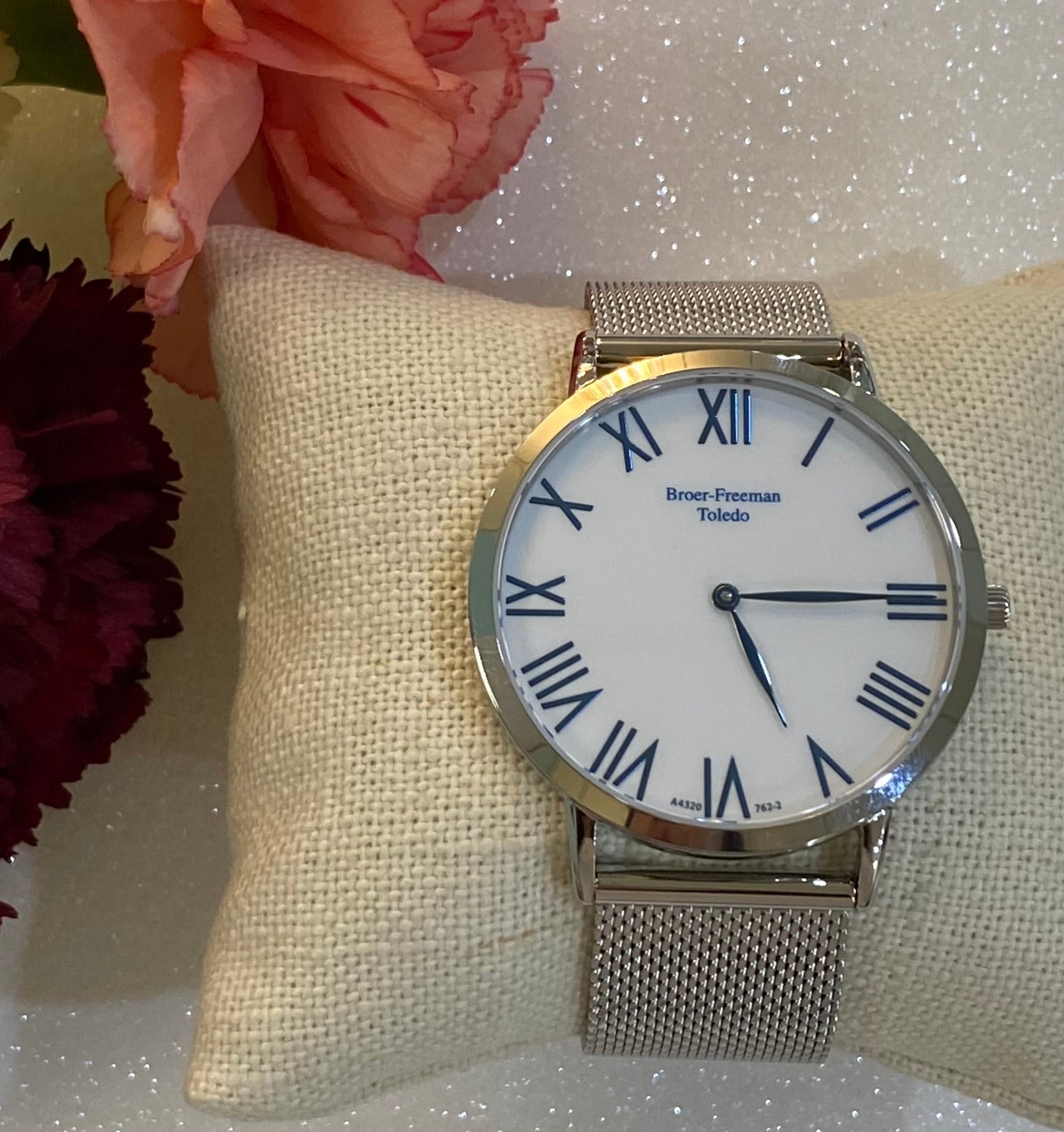 White Dial Teal Numeral Silver Mesh Bracelet Watch