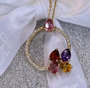 Gemstone and Diamond Circular Bouquet Pendant Necklace