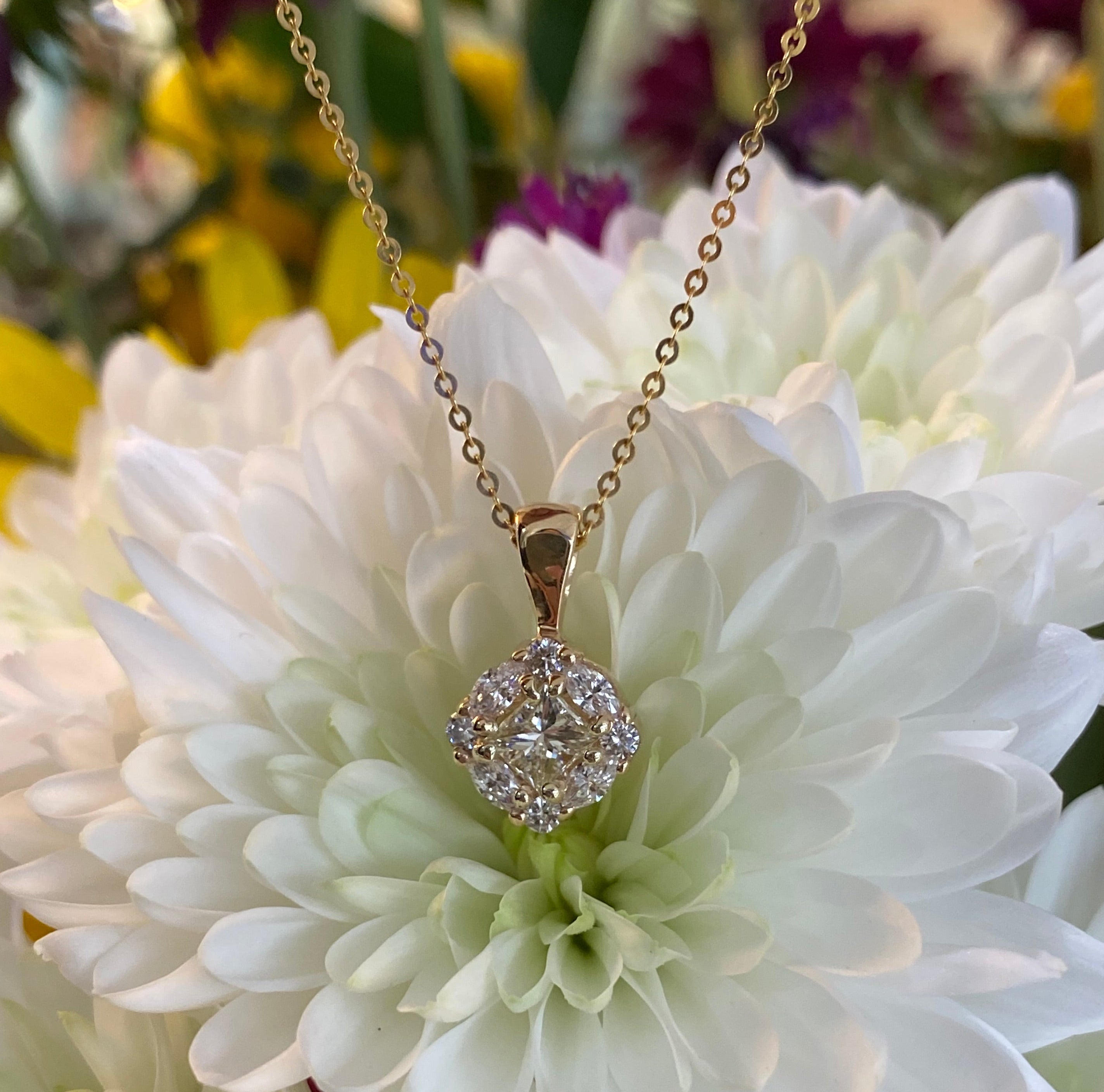 One-of-a-Kind Princess Cut Diamond Halo Pendant Necklace