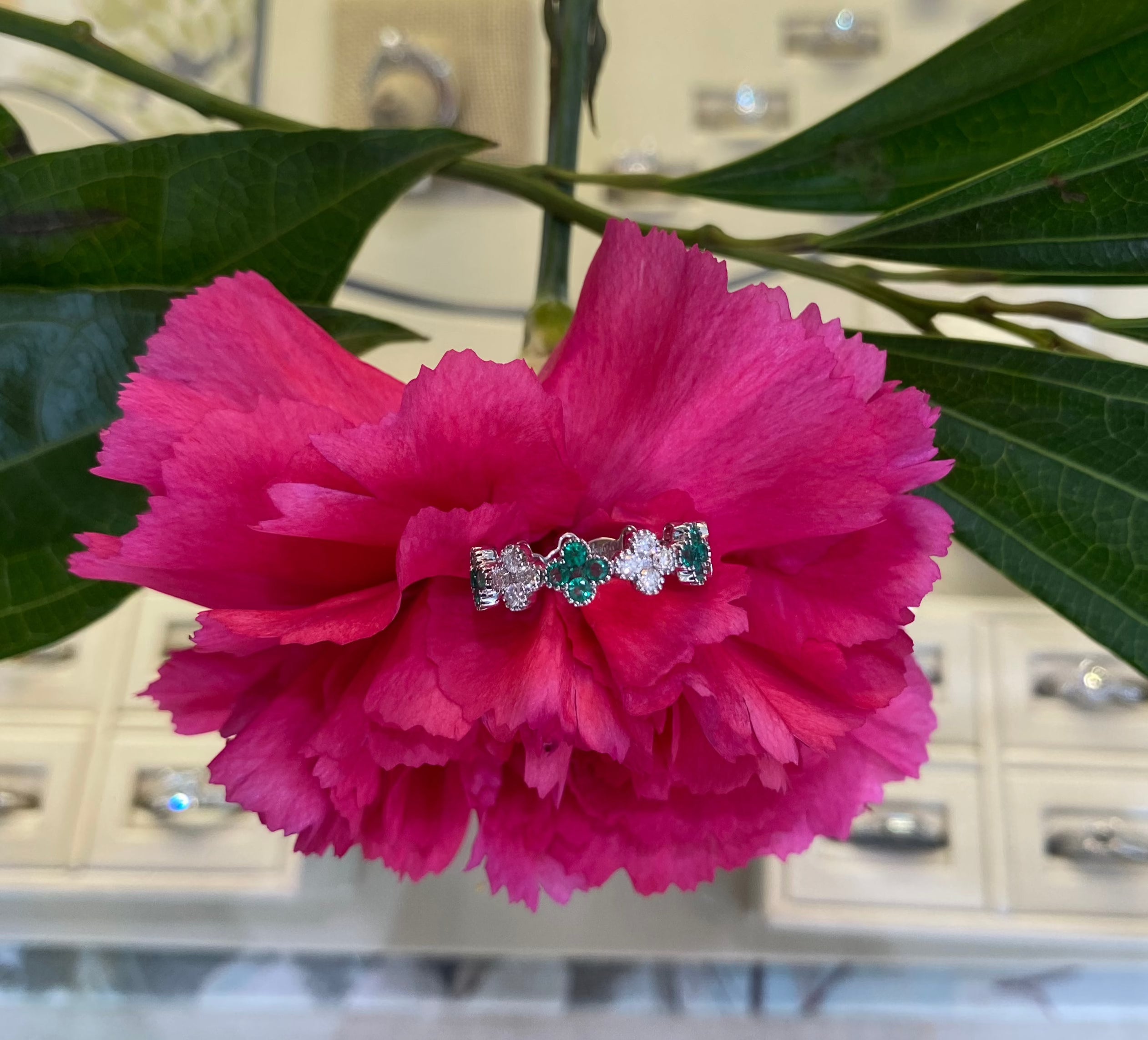 Emerald and Diamond White Gold Quatrefoil Ring