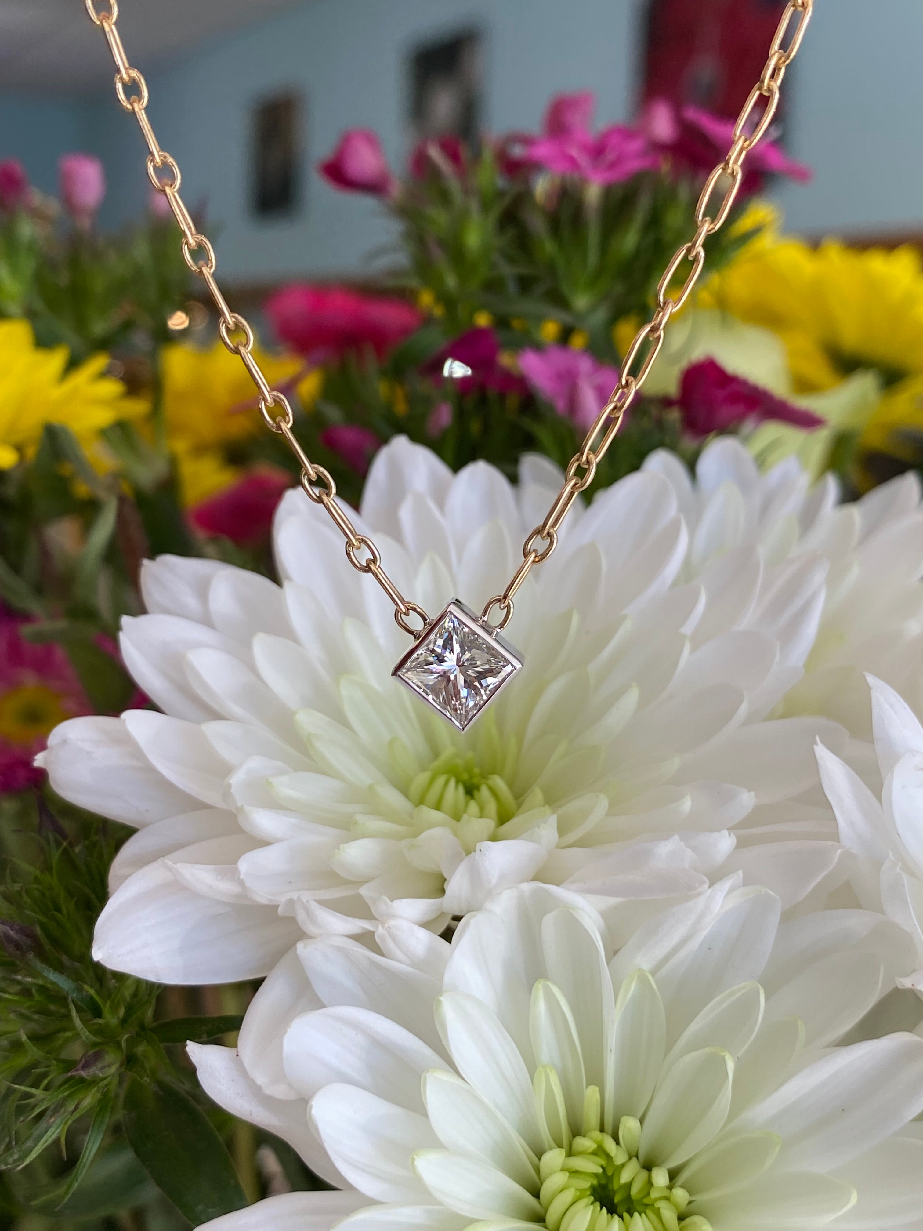 14K Gold Paper Clip Chain Princess Cut Diamond Necklace