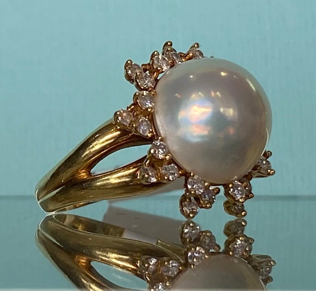 18K Gold Vintage Pearl and Diamond Sun Flare Ring