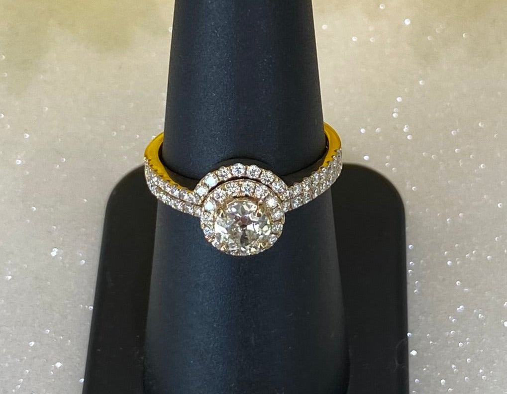 Vintage Yellow Gold Round Diamond Halo Engagement Ring and Wedding Band