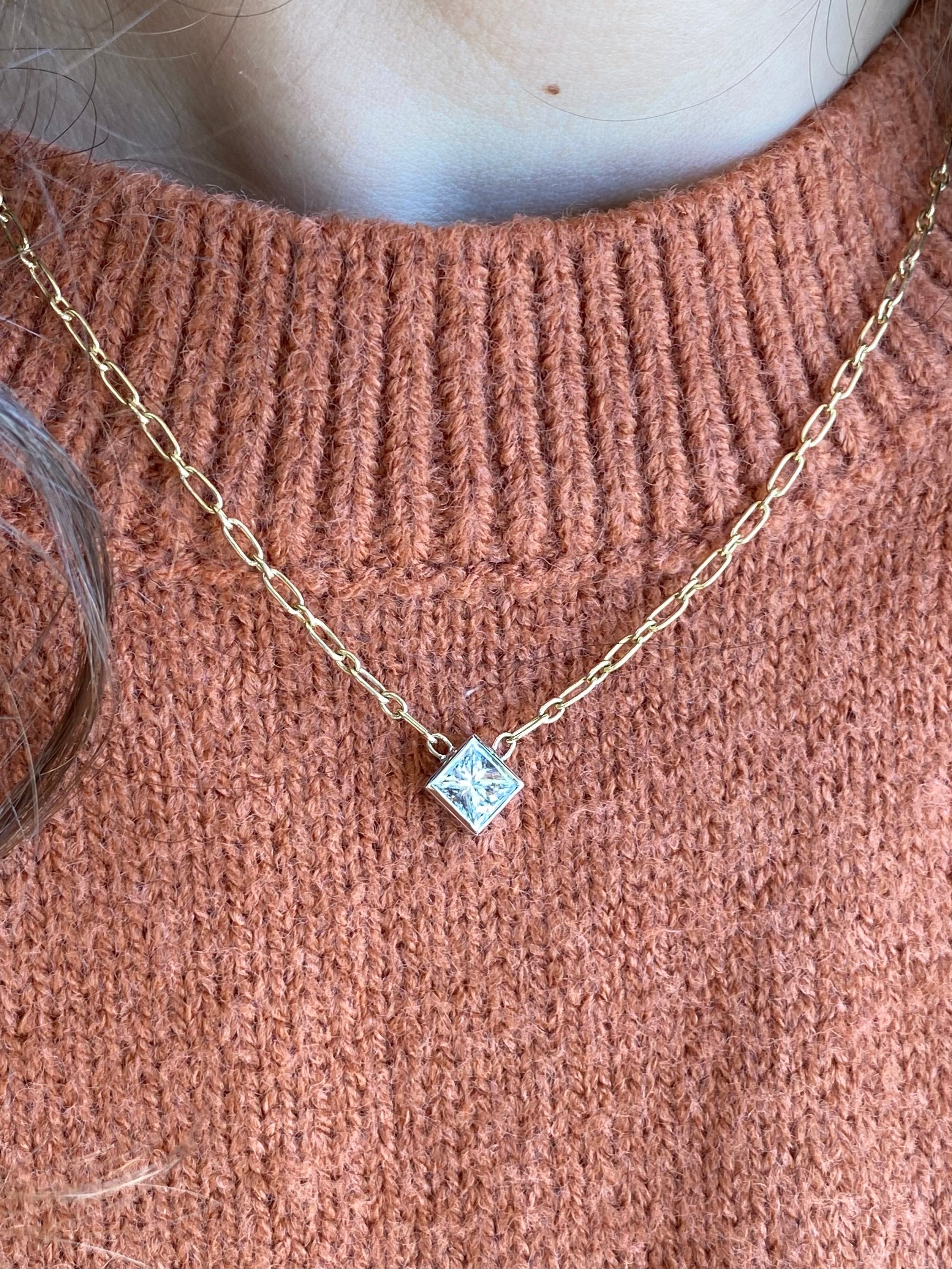 14K Gold Paper Clip Chain Princess Cut Diamond Necklace