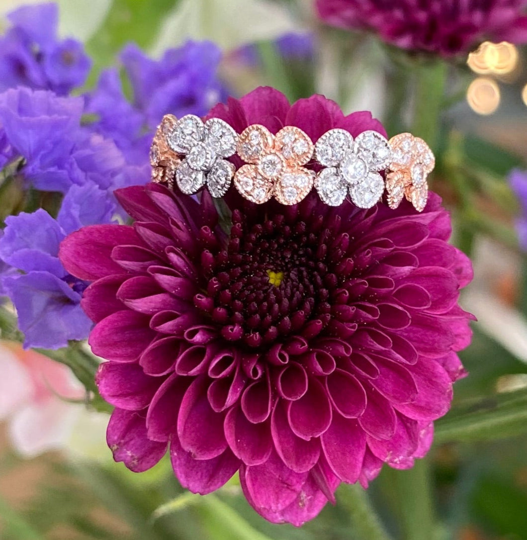 Two Tone Rose and White Gold Diamond Flower Band