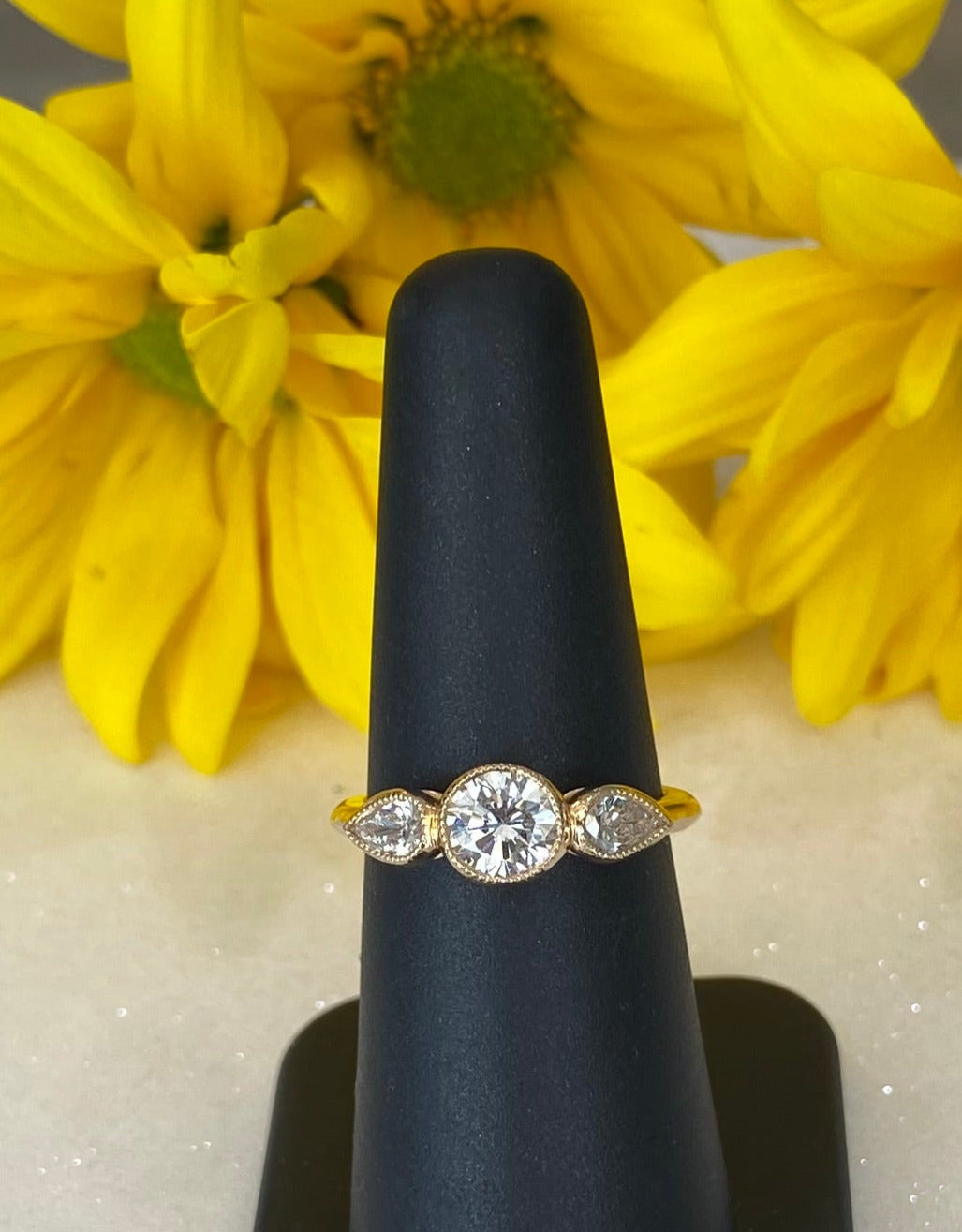 Three Diamond Round & Pear Yellow Gold Engagement Ring