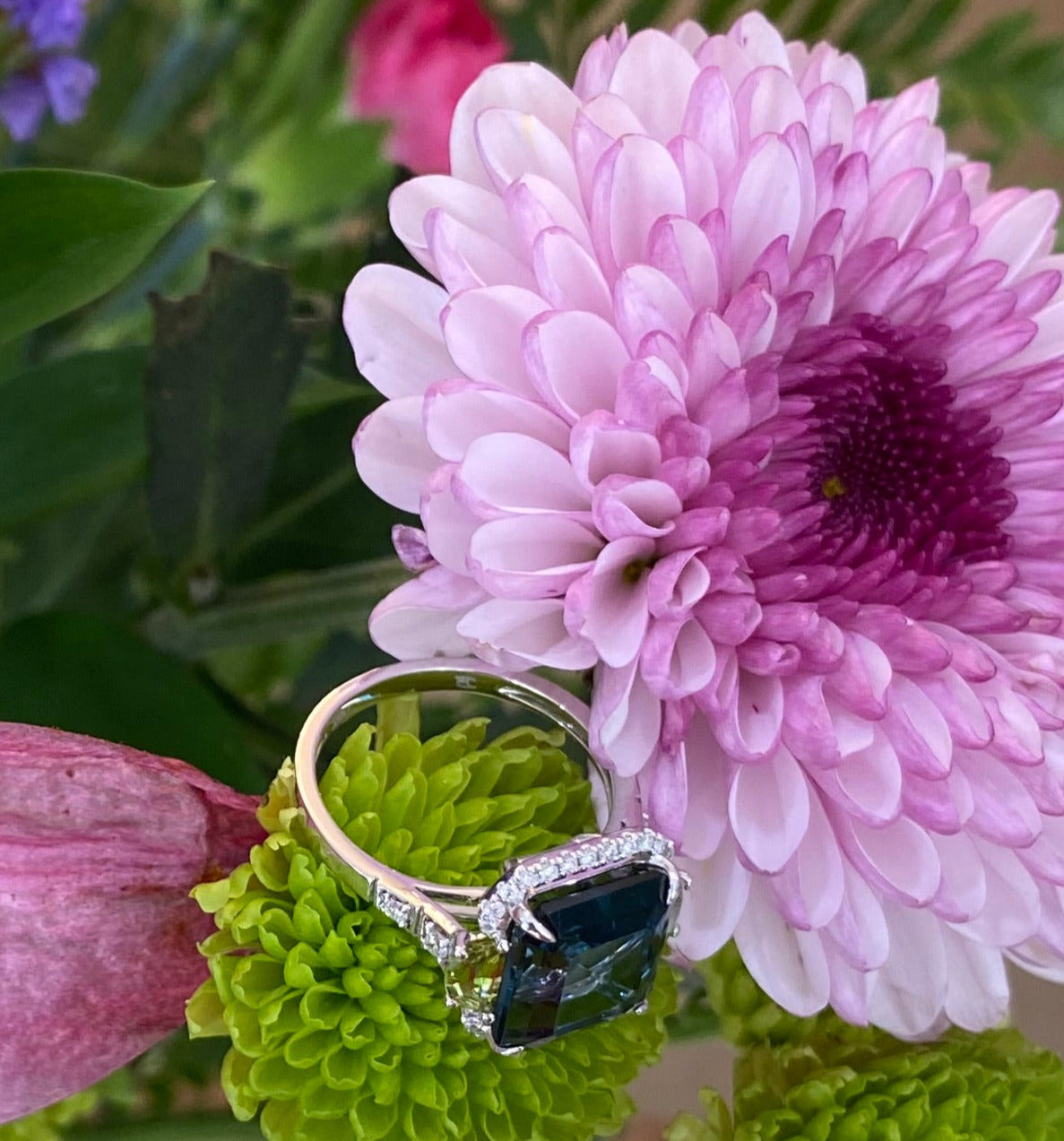 Blue Topaz Peridot and Diamond Cocktail Ring