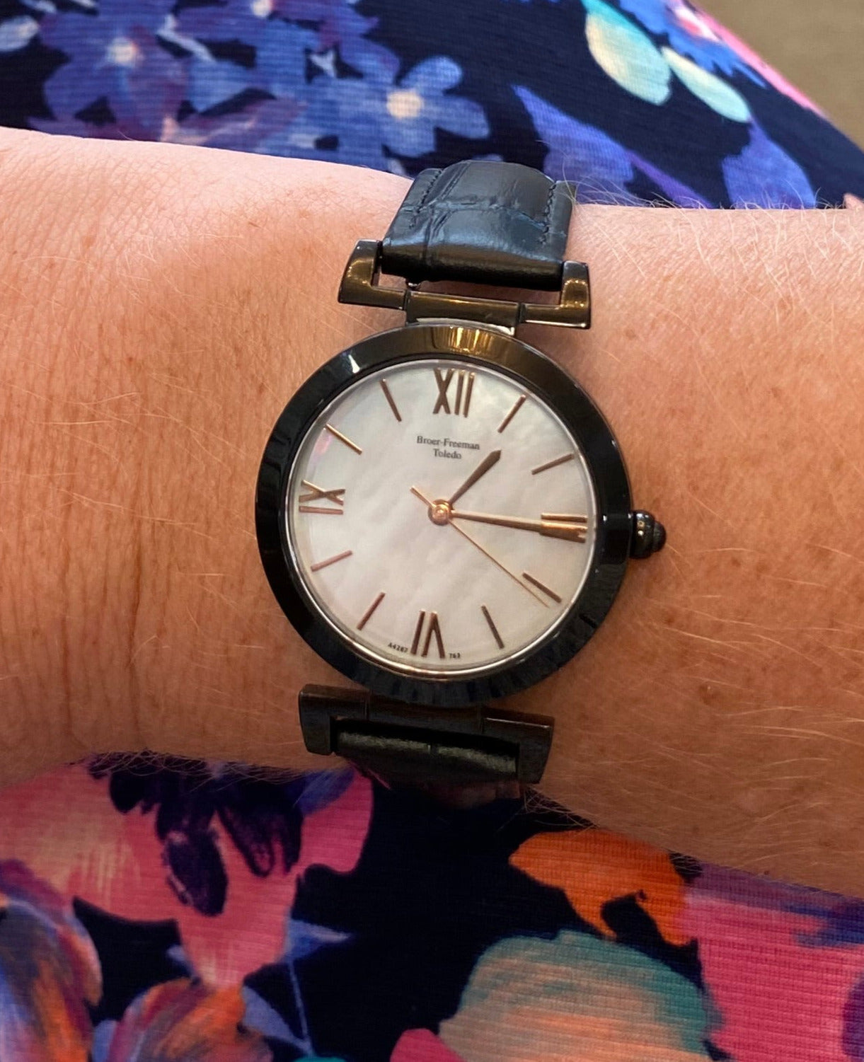 Mother of Pearl Black Leather Rose Gold Accent Watch