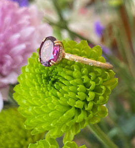 Yellow Gold Bezel Diamond Band Garnet Ring