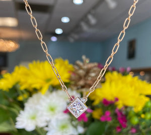 14K Gold Paper Clip Chain Princess Cut Diamond Necklace