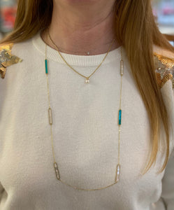 Yellow Gold Turquoise and Mother of Pearl Long Necklace