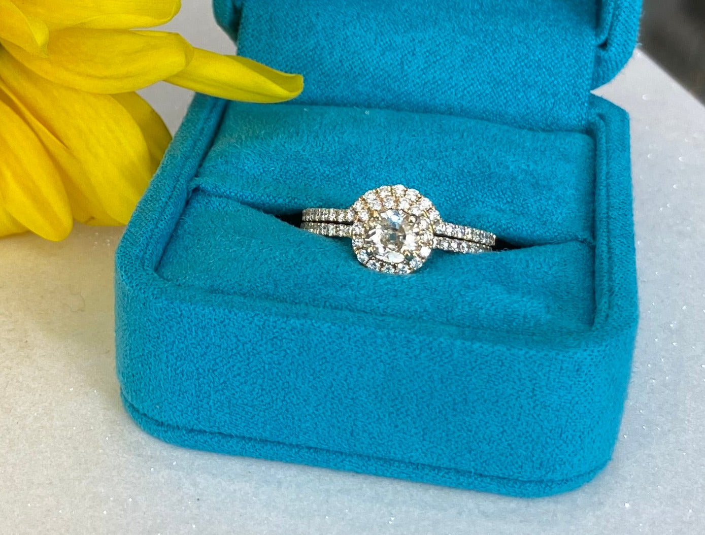 Vintage Yellow Gold Round Diamond Halo Engagement Ring and Wedding Band