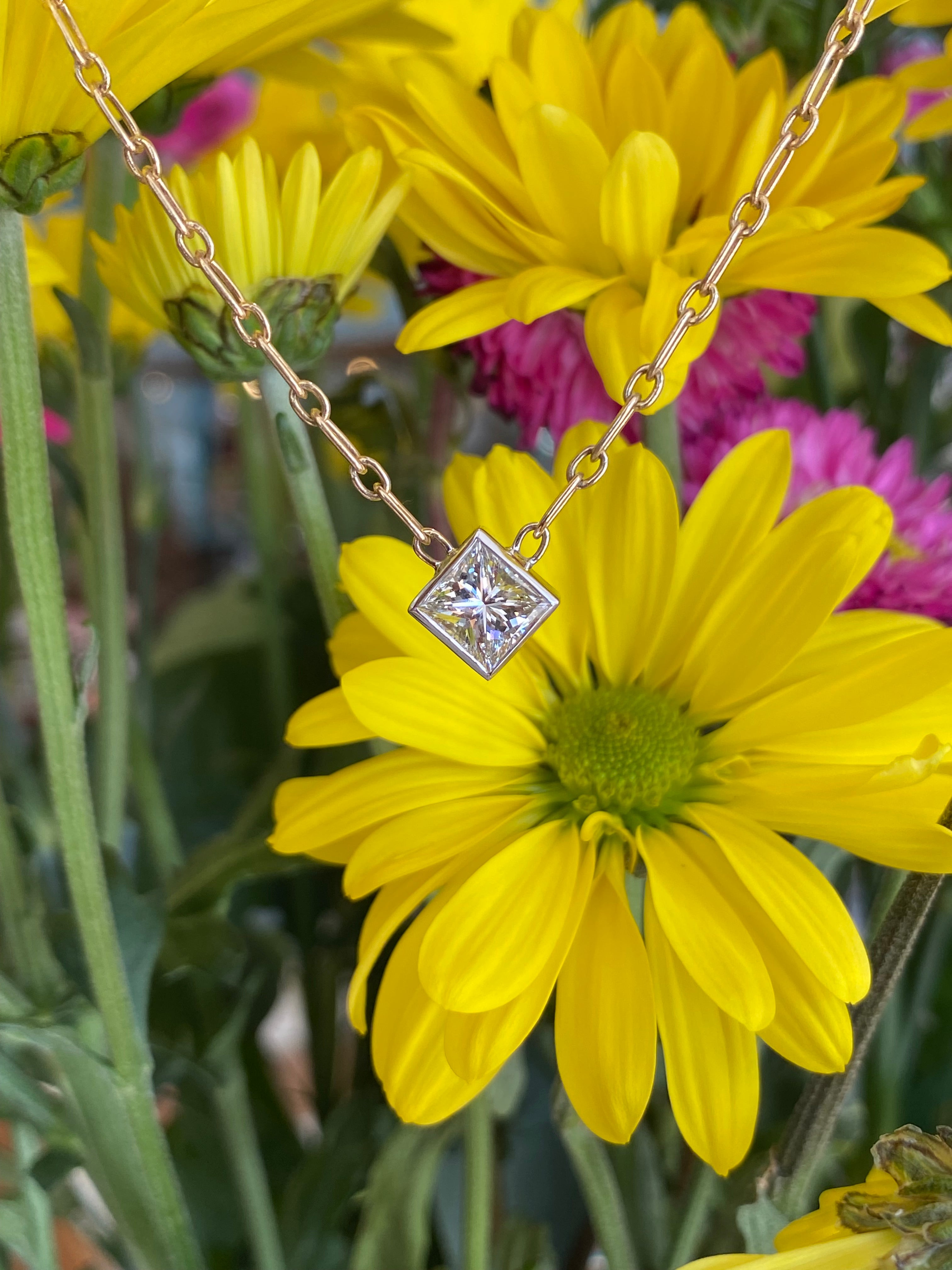 14K Gold Paper Clip Chain Princess Cut Diamond Necklace