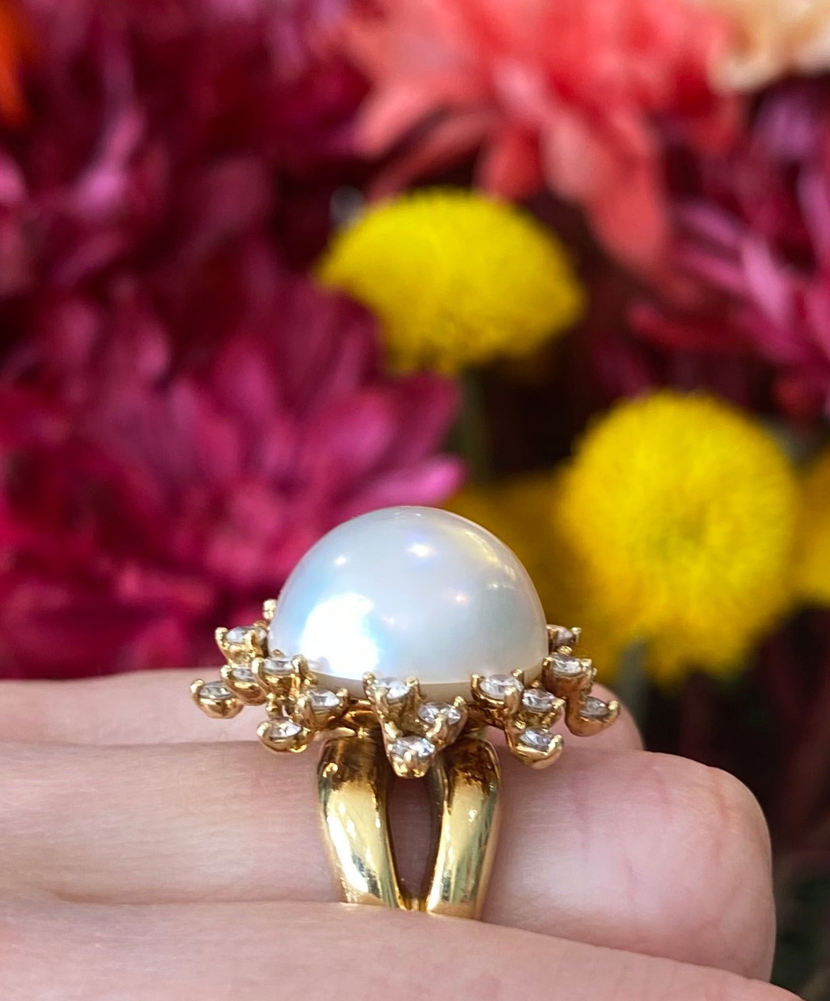 18K Gold Vintage Pearl and Diamond Sun Flare Ring
