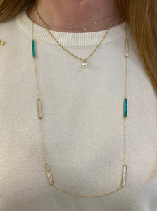Yellow Gold Turquoise and Mother of Pearl Long Necklace