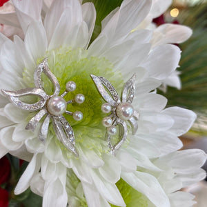 Vintage Floral Arrangement Pearl and Diamond Earrings